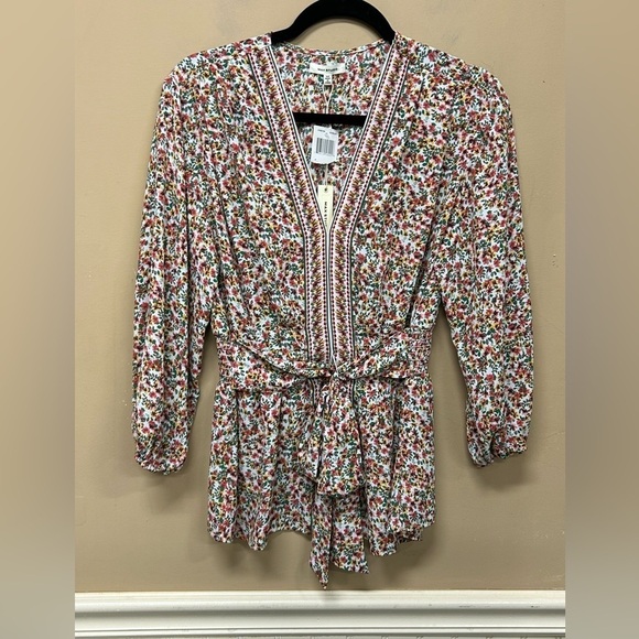Max Studio Blouse Women Medium Gold Crepe Floral Tunic Boho Tie Front NWT - Picture 1 of 6